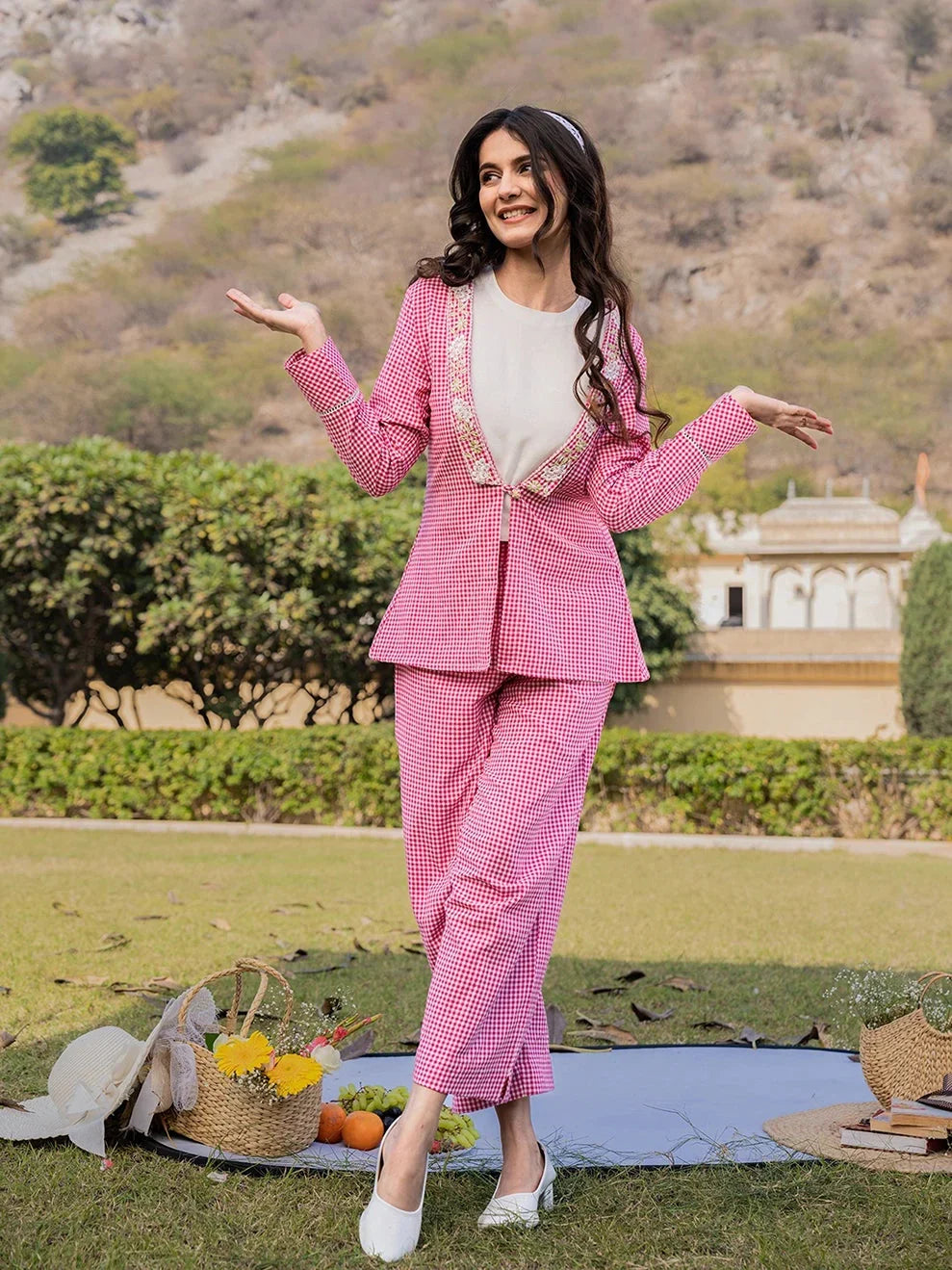 Yufta Pink Cotton Checks Print Shawl Neck Co Ord Set With Embroidery | Grocsy