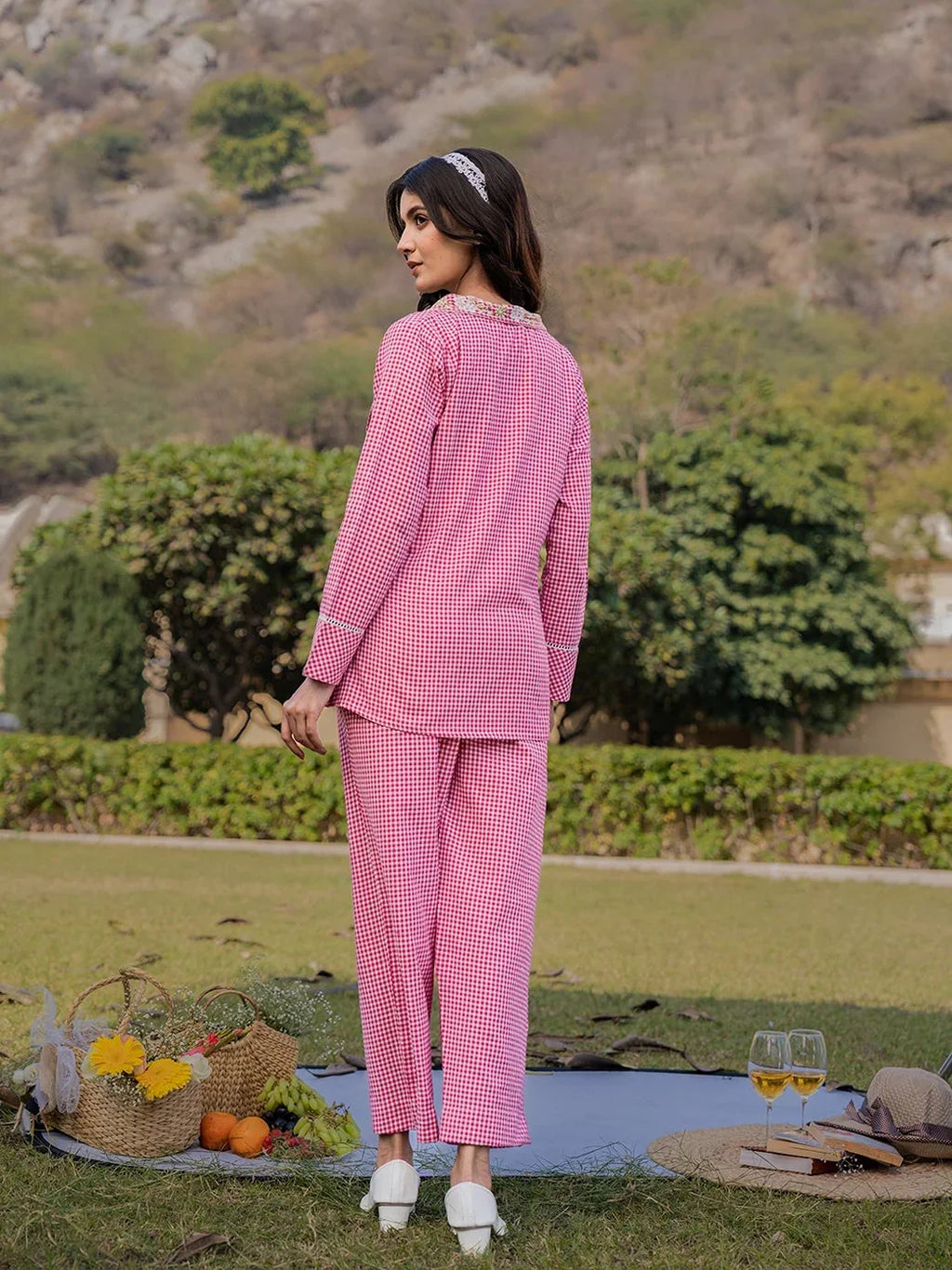 Yufta Pink Cotton Checks Print Shawl Neck Co Ord Set With Embroidery | Grocsy