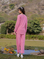 Yufta Pink Cotton Checks Print Shawl Neck Co Ord Set With Embroidery | Grocsy
