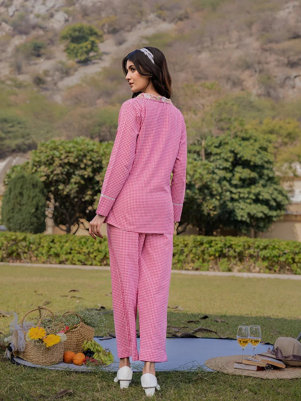Yufta Pink Cotton Checks Print Shawl Neck Co Ord Set With Embroidery | Grocsy