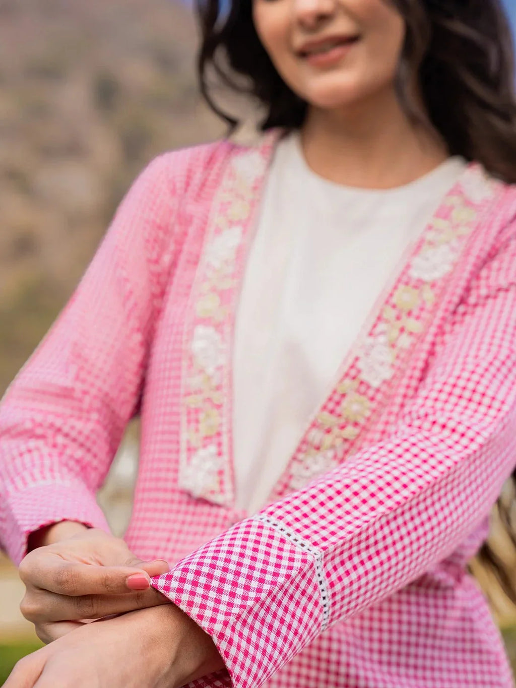 Yufta Pink Cotton Checks Print Shawl Neck Co Ord Set With Embroidery | Grocsy