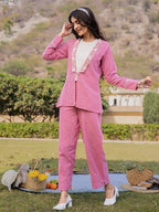 Yufta Pink Cotton Checks Print Shawl Neck Co Ord Set With Embroidery | Grocsy