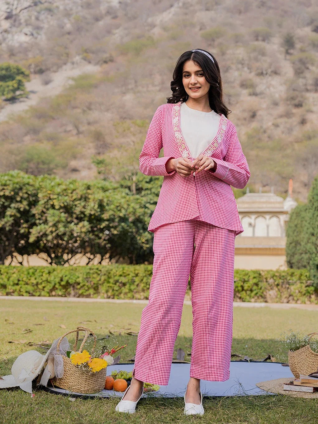 Yufta Pink Cotton Checks Print Shawl Neck Co Ord Set With Embroidery | Grocsy