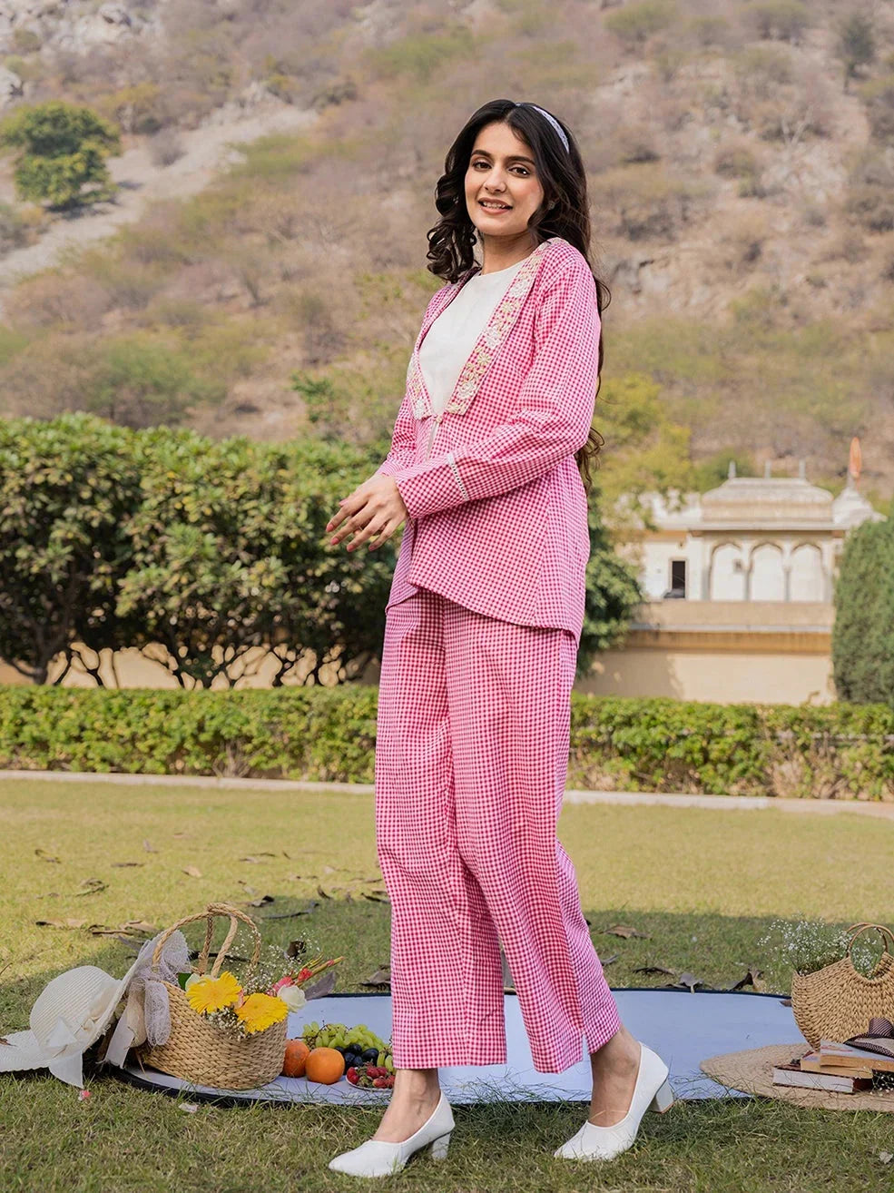 Yufta Pink Cotton Checks Print Shawl Neck Co Ord Set With Embroidery | Grocsy