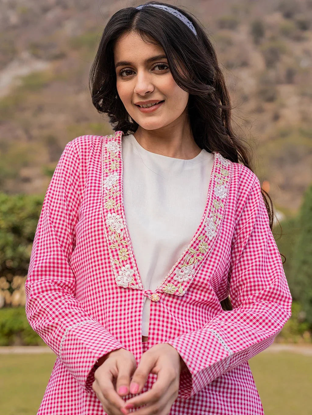 Yufta Pink Cotton Checks Print Shawl Neck Co Ord Set With Embroidery | Grocsy