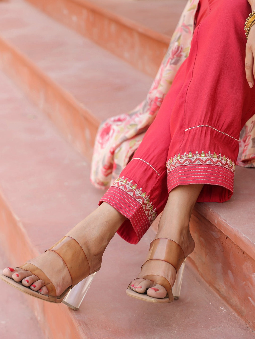 Yufta Pink Embroidered shrug Crop top co ord set | Grocsy