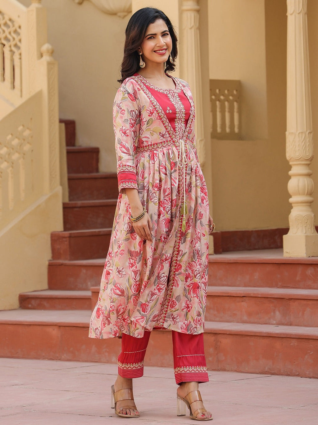 Yufta Pink Embroidered shrug Crop top co ord set | Grocsy