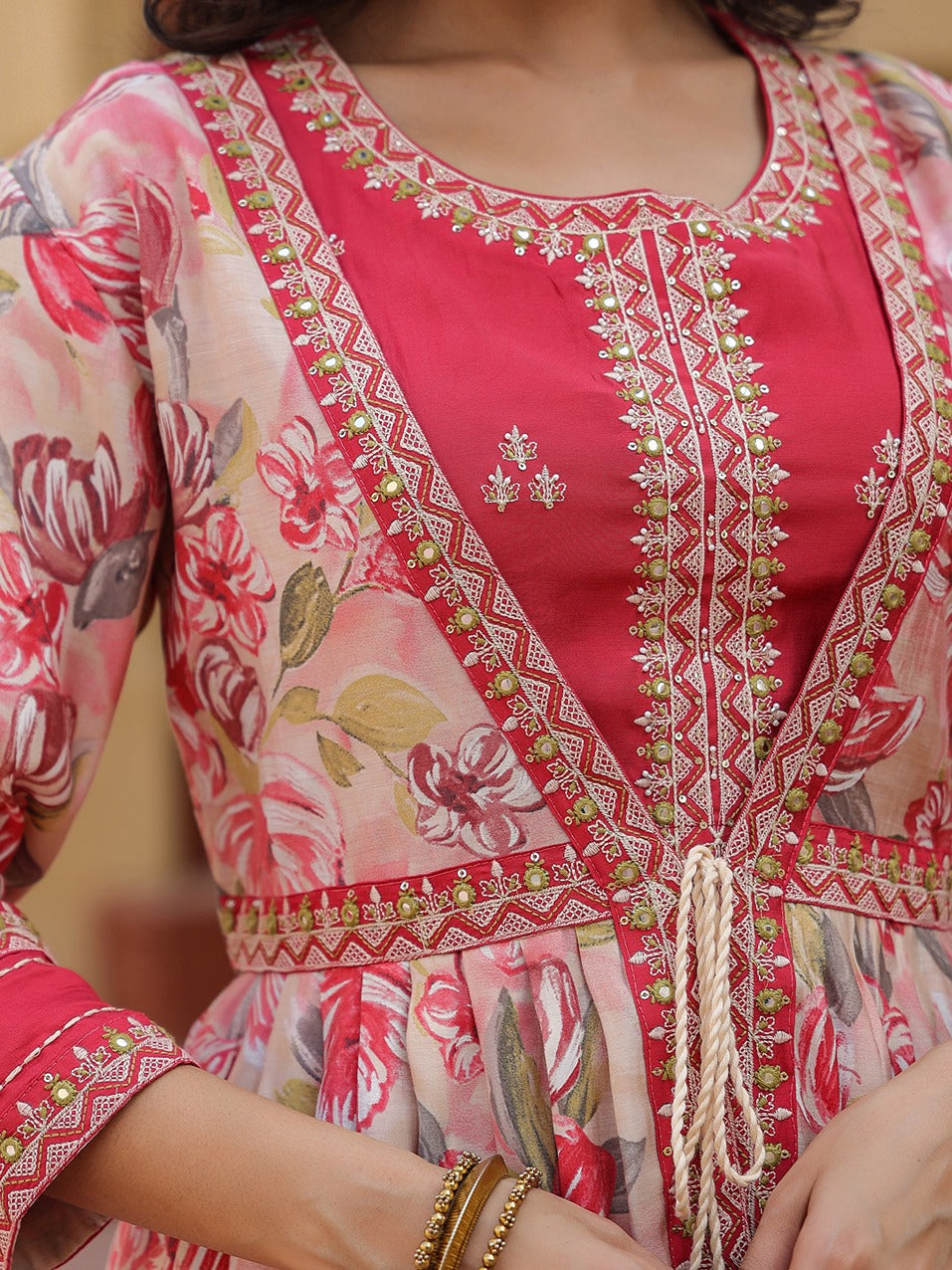 Yufta Pink Embroidered shrug Crop top co ord set | Grocsy