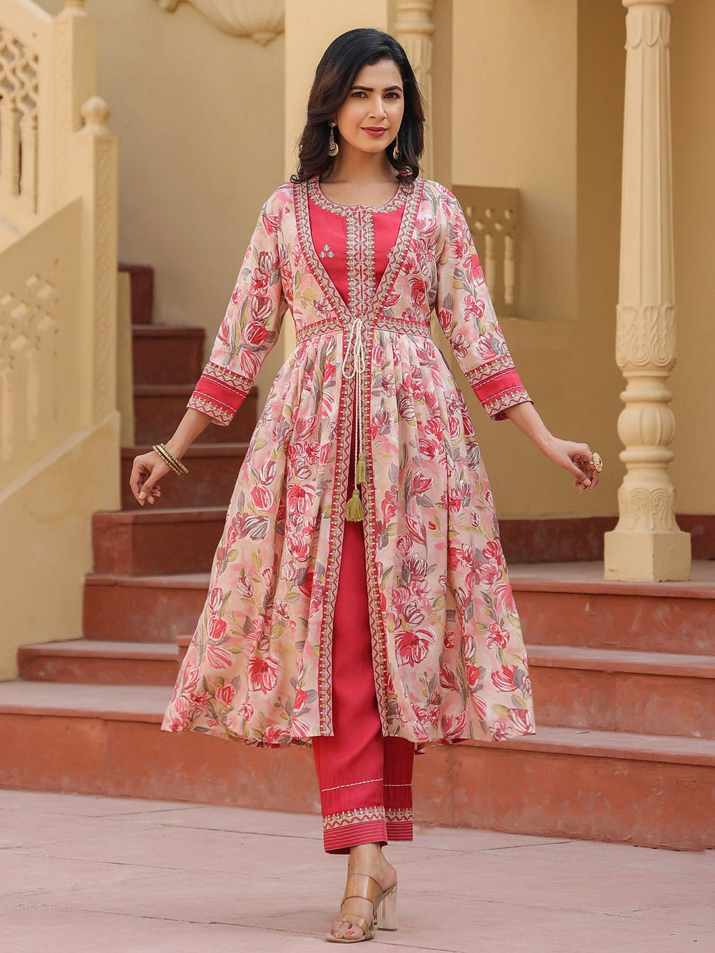 Yufta Pink Embroidered shrug Crop top co ord set | Grocsy