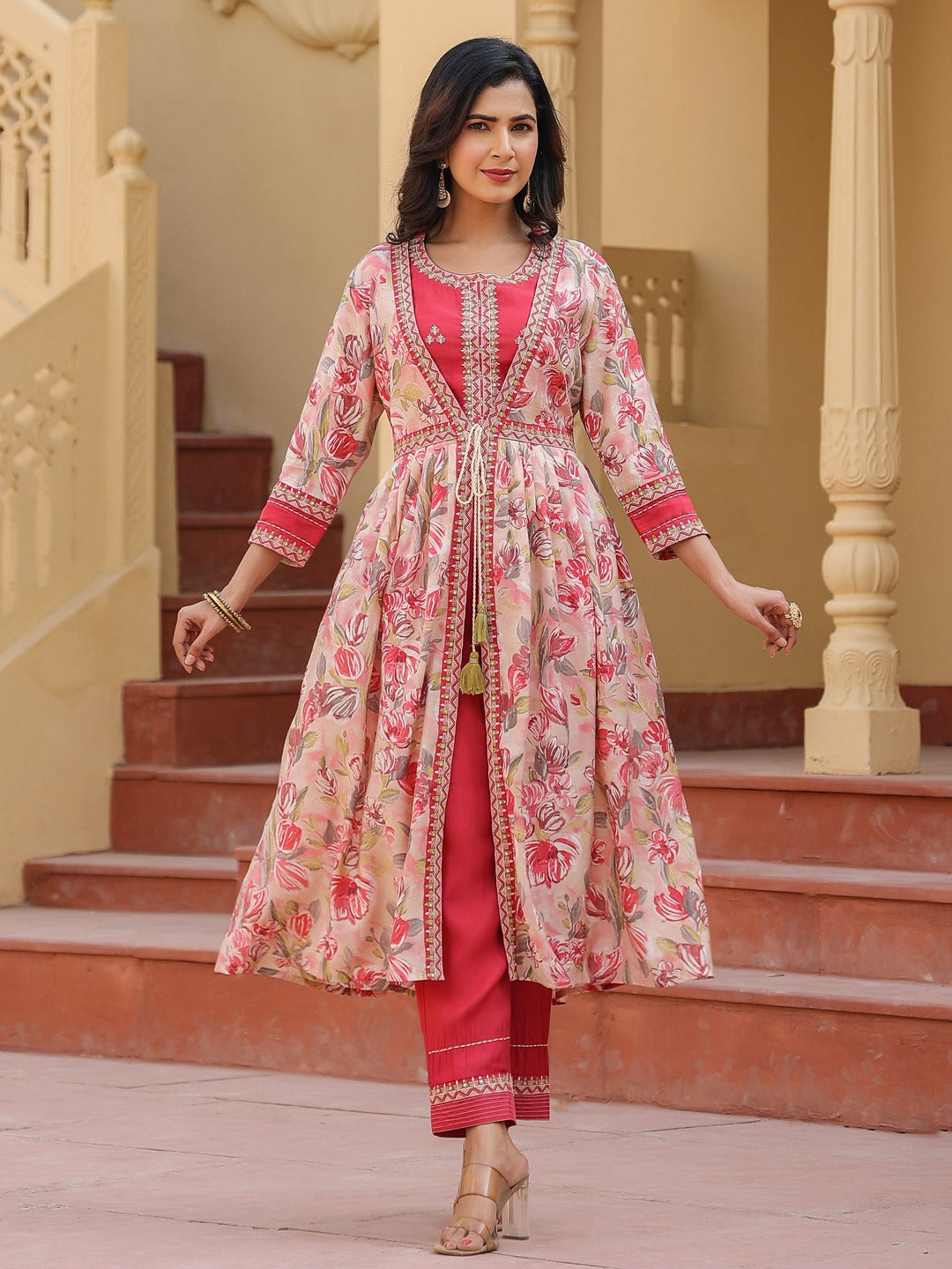 Yufta Pink Embroidered shrug Crop top co ord set | Grocsy