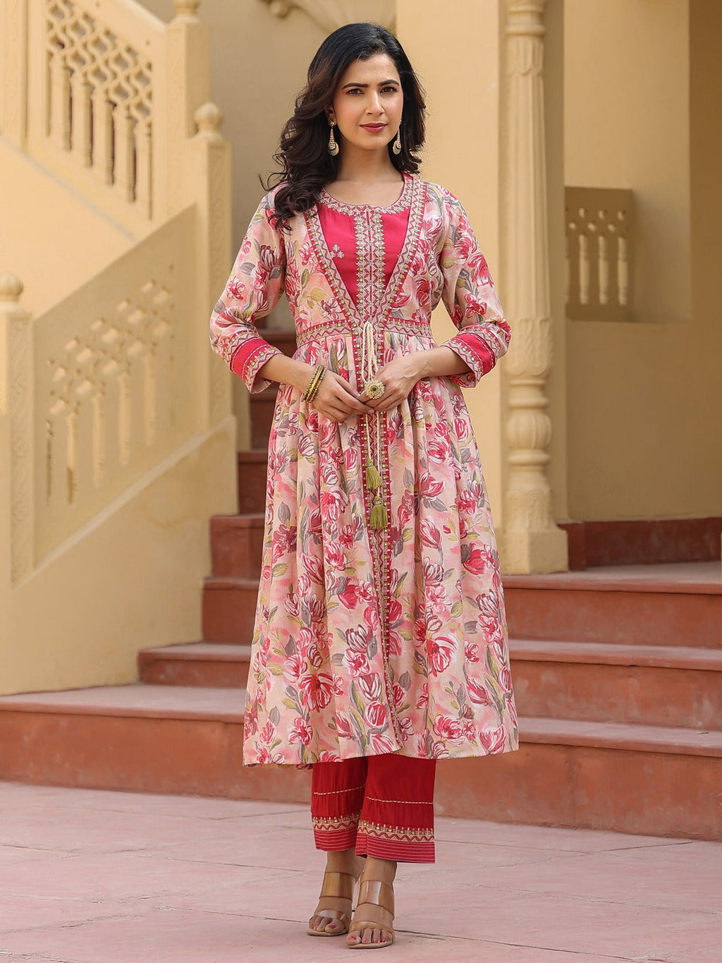 Yufta Pink Embroidered shrug Crop top co ord set | Grocsy