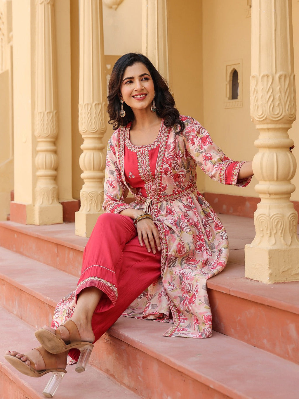 Yufta Pink Embroidered shrug Crop top co ord set | Grocsy