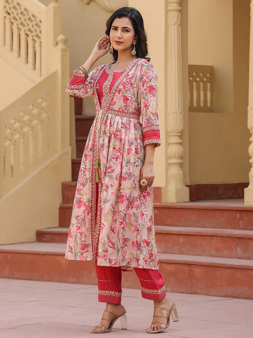 Yufta Pink Embroidered shrug Crop top co ord set | Grocsy