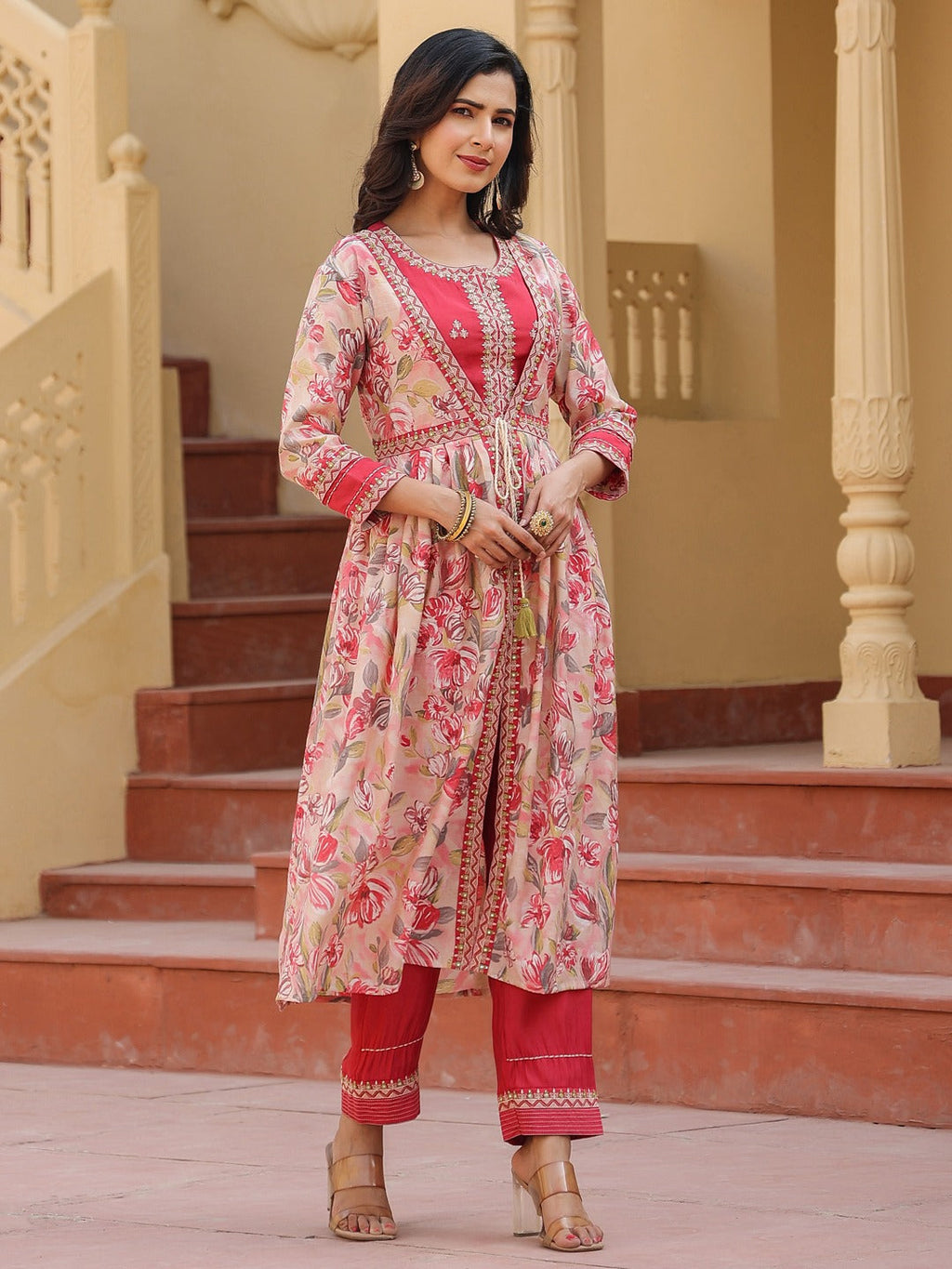 Yufta Pink Embroidered shrug Crop top co ord set | Grocsy