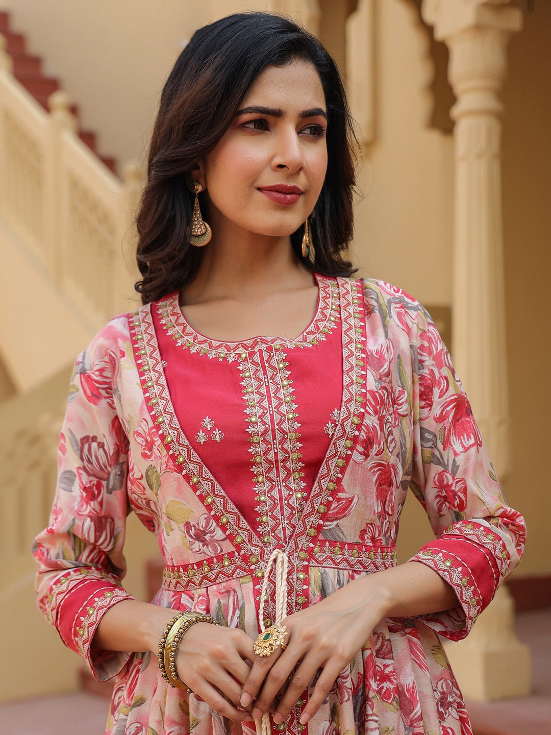 Yufta Pink Embroidered shrug Crop top co ord set | Grocsy