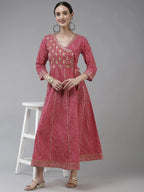 Yufta Pink Ethnic Motifs Maxi Dress | Grocsy