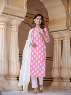 Yufta Pink Ethnic Motifs Printed Dupatta Set | Grocsy