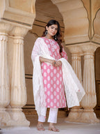 Yufta Pink Ethnic Motifs Printed Dupatta Set | Grocsy