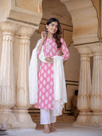 Yufta Pink Ethnic Motifs Printed Dupatta Set | Grocsy