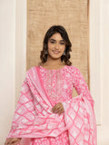 Yufta Pink Floral Print Anarkali Style Kurta And Trousers With Dupatta Set | Grocsy