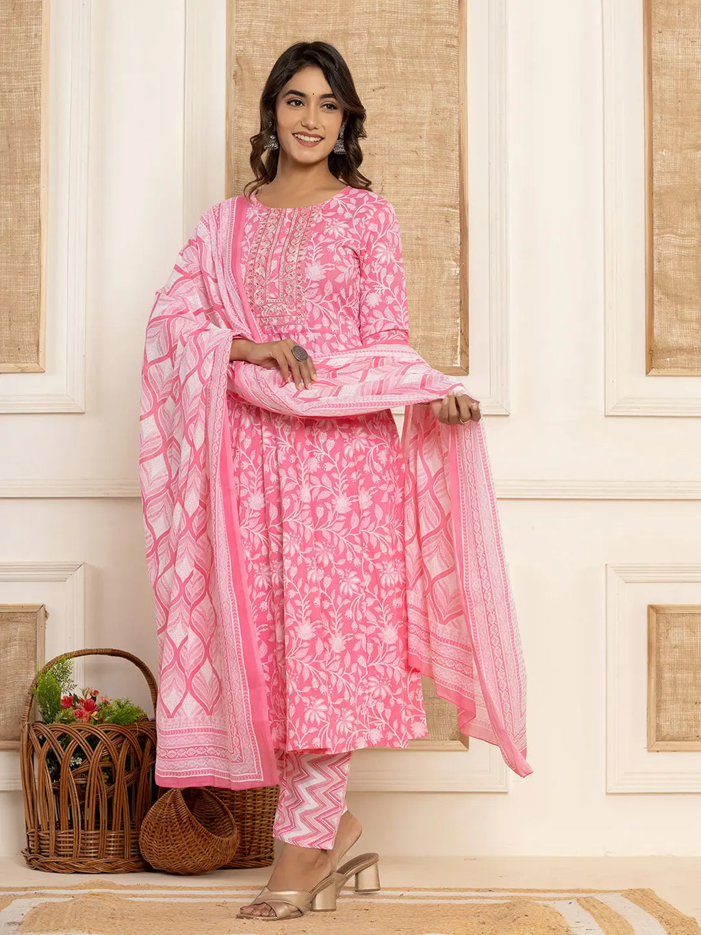Yufta Pink Floral Print Anarkali Style Kurta And Trousers With Dupatta Set | Grocsy