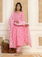 Yufta Pink Floral Print Anarkali Style Kurta And Trousers With Dupatta Set | Grocsy