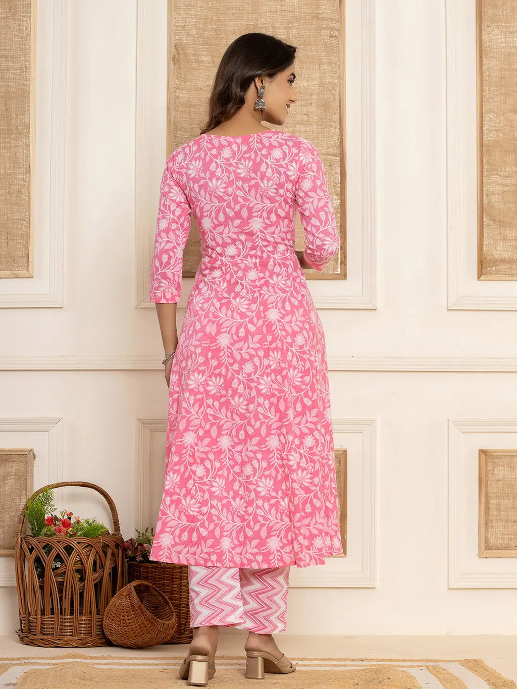 Yufta Pink Floral Print Anarkali Style Kurta And Trousers With Dupatta Set | Grocsy
