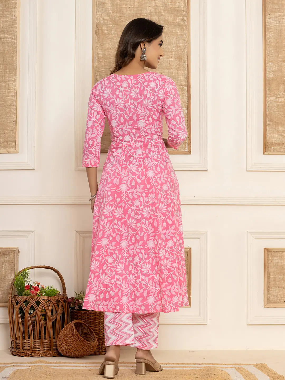 Yufta Pink Floral Print Anarkali Style Kurta And Trousers With Dupatta Set | Grocsy