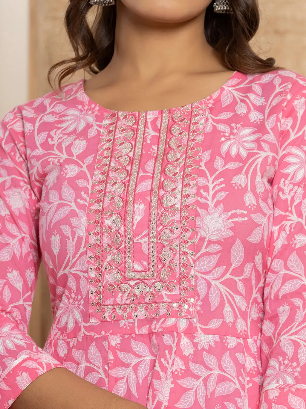 Yufta Pink Floral Print Anarkali Style Kurta And Trousers With Dupatta Set | Grocsy