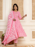 Yufta Pink Floral Print Anarkali Style Kurta And Trousers With Dupatta Set | Grocsy