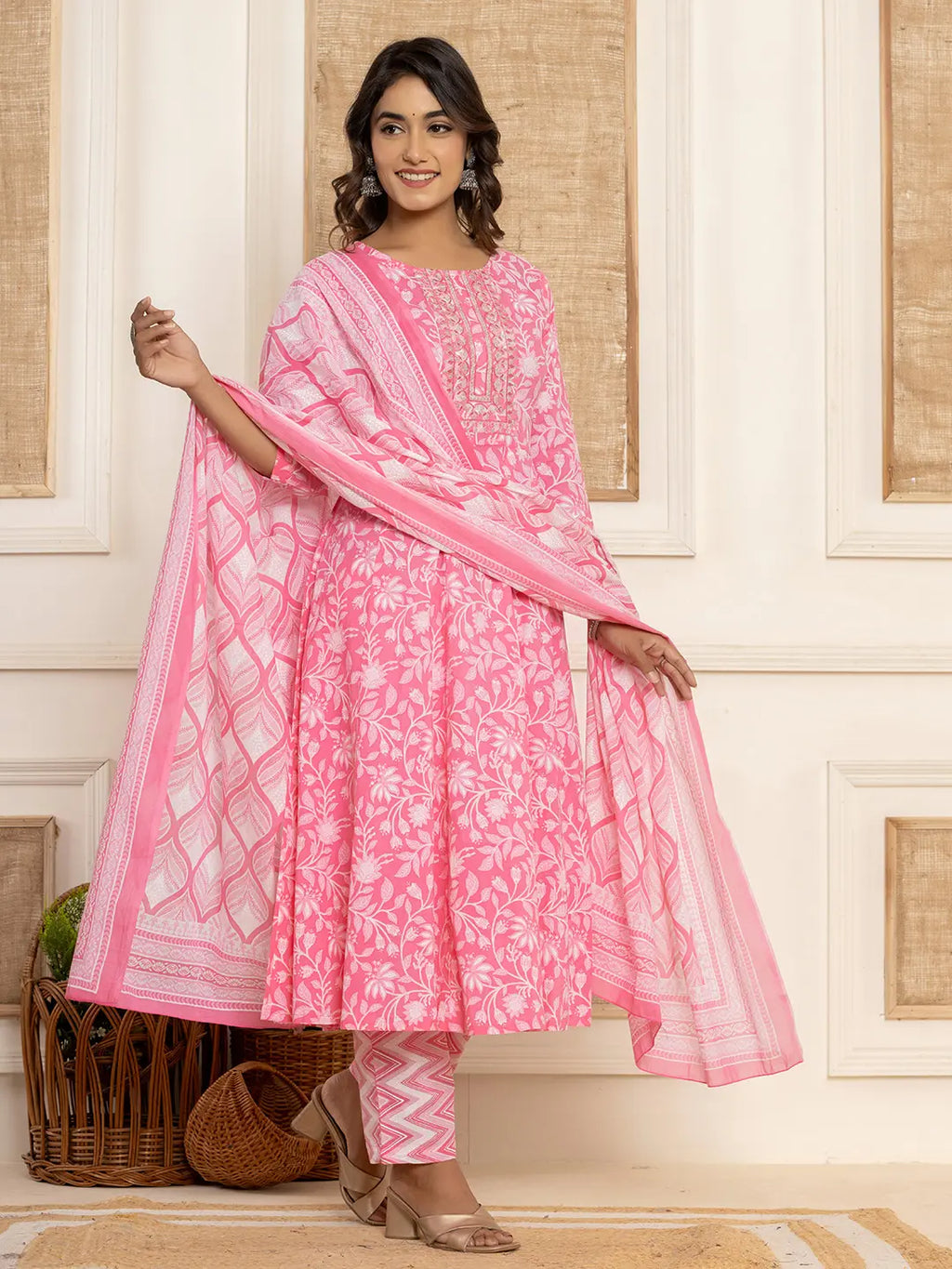 Yufta Pink Floral Print Anarkali Style Kurta And Trousers With Dupatta Set | Grocsy