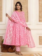 Yufta Pink Floral Print Anarkali Style Kurta And Trousers With Dupatta Set | Grocsy