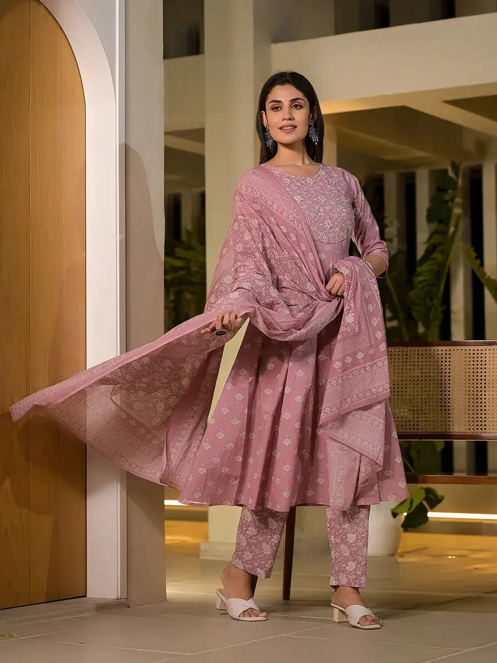 Yufta Pink Floral Print Cotton Anarkali Style Kurta With Trousers With Dupatta Set | Grocsy