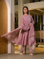 Yufta Pink Floral Print Cotton Anarkali Style Kurta With Trousers With Dupatta Set | Grocsy