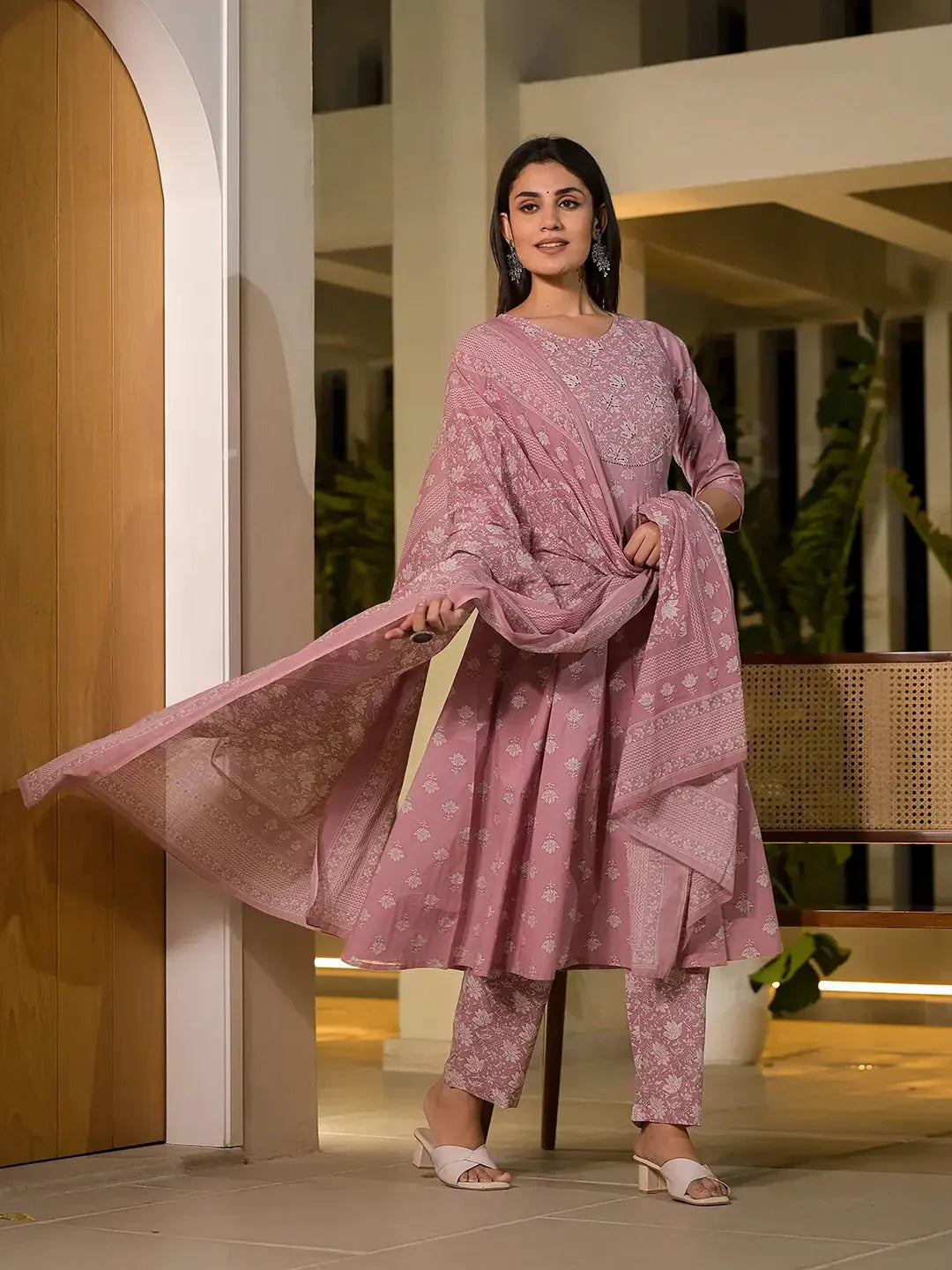 Yufta Pink Floral Print Cotton Anarkali Style Kurta With Trousers With Dupatta Set | Grocsy