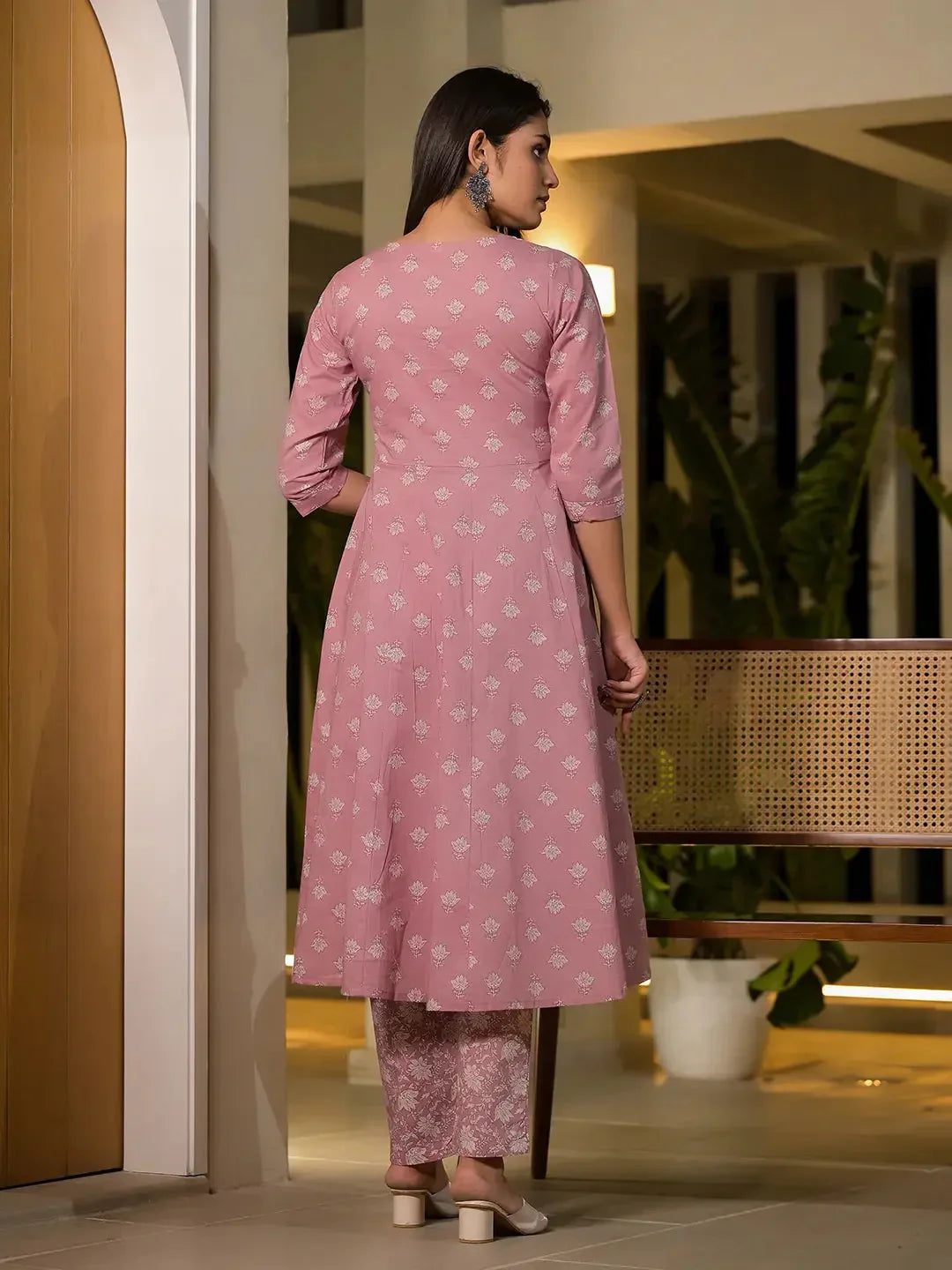 Yufta Pink Floral Print Cotton Anarkali Style Kurta With Trousers With Dupatta Set | Grocsy