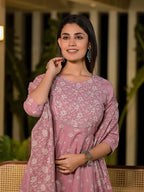 Yufta Pink Floral Print Cotton Anarkali Style Kurta With Trousers With Dupatta Set | Grocsy