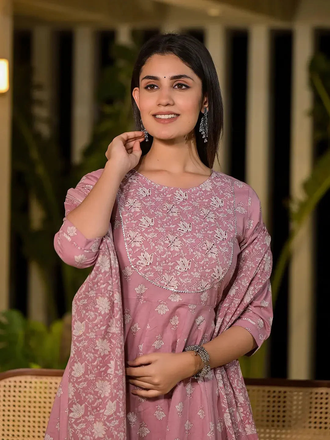 Yufta Pink Floral Print Cotton Anarkali Style Kurta With Trousers With Dupatta Set | Grocsy