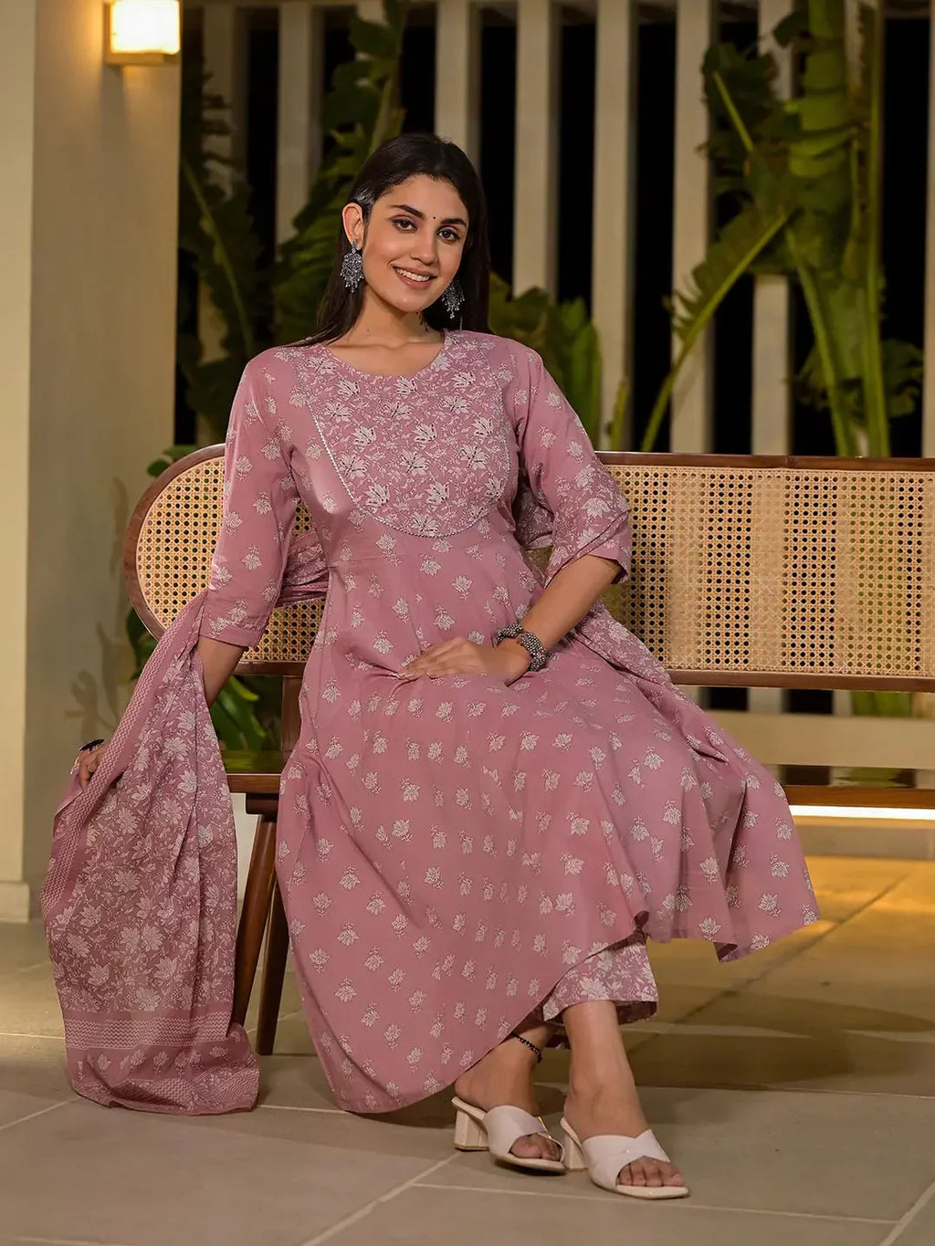 Yufta Pink Floral Print Cotton Anarkali Style Kurta With Trousers With Dupatta Set | Grocsy