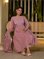 Yufta Pink Floral Print Cotton Anarkali Style Kurta With Trousers With Dupatta Set | Grocsy