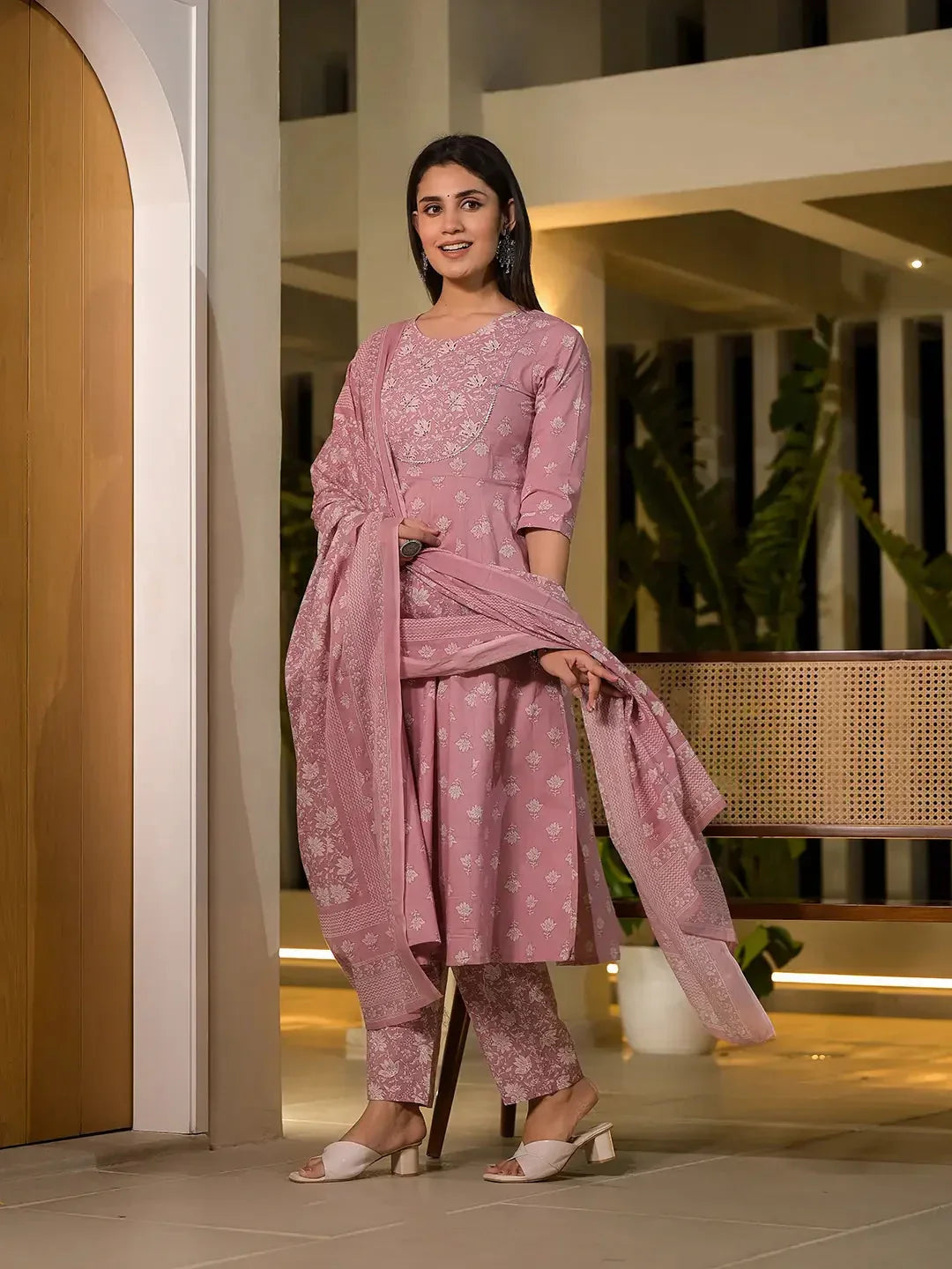 Yufta Pink Floral Print Cotton Anarkali Style Kurta With Trousers With Dupatta Set | Grocsy