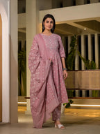 Yufta Pink Floral Print Cotton Anarkali Style Kurta With Trousers With Dupatta Set | Grocsy