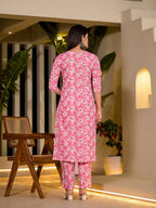 Yufta Pink Floral Print Cotton Straight Kurta With Trousers And Dupatta Set | Grocsy