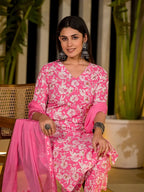 Yufta Pink Floral Print Cotton Straight Kurta With Trousers And Dupatta Set | Grocsy