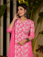Yufta Pink Floral Print Cotton Straight Kurta With Trousers And Dupatta Set | Grocsy