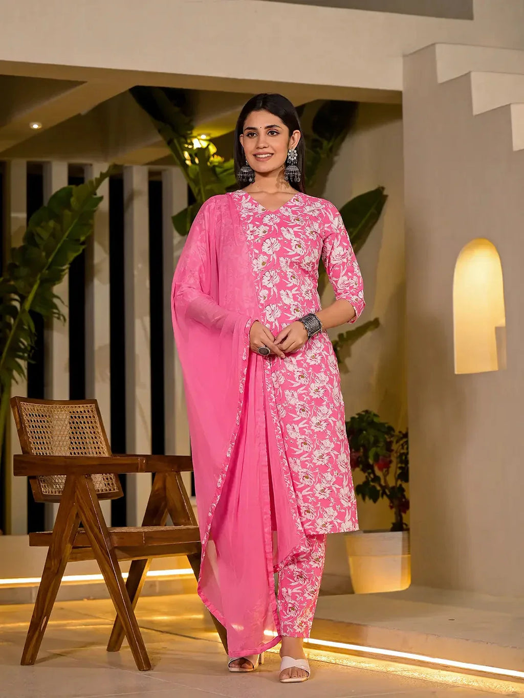 Yufta Pink Floral Print Cotton Straight Kurta With Trousers And Dupatta Set | Grocsy