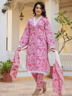 Yufta Pink Floral Print Pakistani Style Kurta Trouser And Dupatta Set | Grocsy