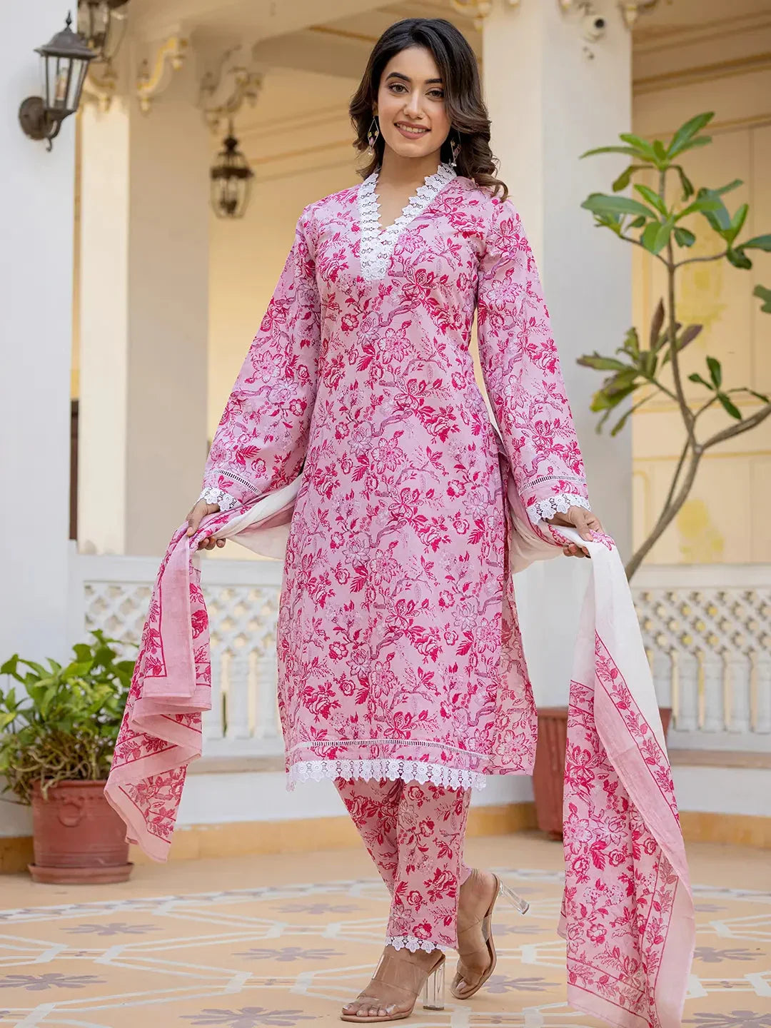 Yufta Pink Floral Print Pakistani Style Kurta Trouser And Dupatta Set | Grocsy