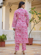 Yufta Pink Floral Print Pakistani Style Kurta Trouser And Dupatta Set | Grocsy