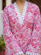 Yufta Pink Floral Print Pakistani Style Kurta Trouser And Dupatta Set | Grocsy